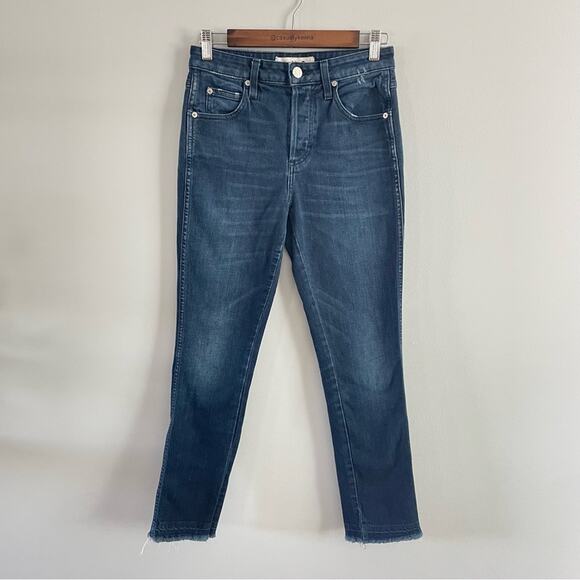 AMO Women’s Dark Wash Babe Jeans Eclipse Denim Raw Hem High Rise Blue Button Fly - Picture 2 of 11